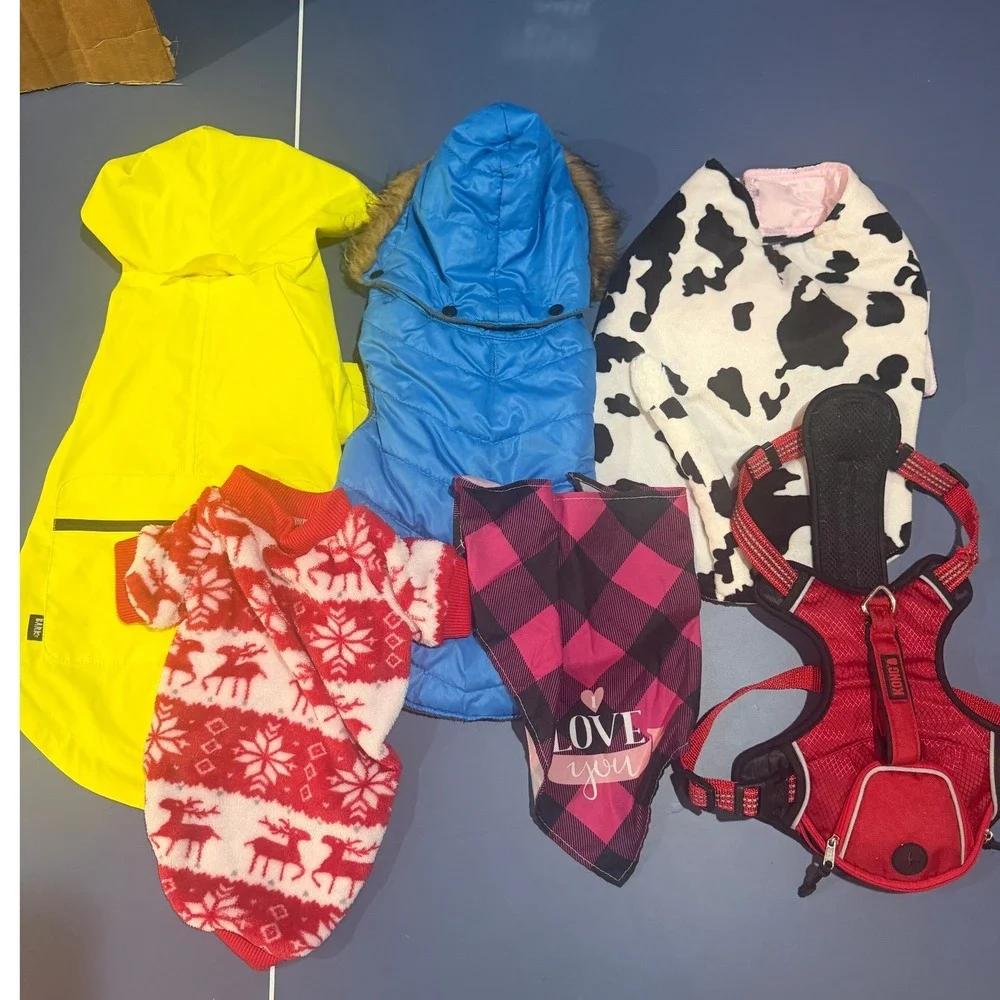 Dog Apparel Bundle Lot 6 Rain Jacket Puffer Vest Harness Sweater Costume Bandana